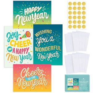 24 Happy New Year Cards Boxed Set With Envelopes and Gold Stickers - Assorted...
