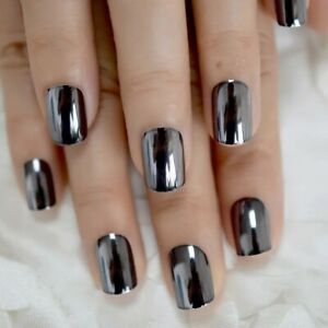 Gunmetal Gray Chrome Press On Nails Short Mirror Silver Dark