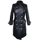 Women's Fit Long Black Quilted Leather Trench Coat With  Gold Buckle & Button
