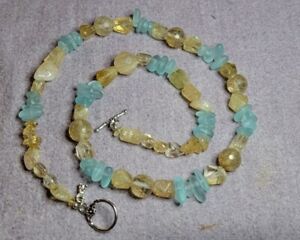 Stunning Blue Sea Glass, Citrine? & Glass Beaded Necklace, Toggle Closure, 24