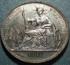 1910 Low Mintage KEY DATE French INDOCHINA Silver CROWN Size PIASTRE DE COMMERCE
