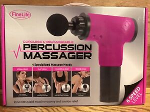 FineLife Percussion Massager Pink 6 Speeds 4 Massage Heads Rechargeable Cordless