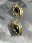 Vintage Jacki De G Paris Gold Tone Black Teardrop Stone Dangle Earrings Signed