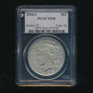 1934-S PEACE SILVER DOLLAR $1 ~ PCGS VF30 ~ FREE S/H