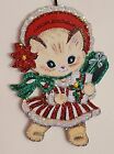 CAT, KITTEN in HOLIDAY OUTFIT w GIFT BOXES  Glitter CHRISTMAS ORNAMENT * Vtg Img