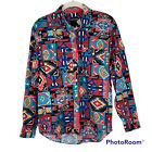 Vtg Frontier Series Shirt Size L Western Aztec Cowboy Mens Long Sleeve Blue Red