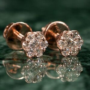 Solid 10k Rose Gold Small Unisex 0.38Ct Natural Diamond Stud Cluster Earrings