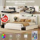New ListingBed Frame with LED , Upholstered Bed with 4 Storage Drawers and USB Ports Queen