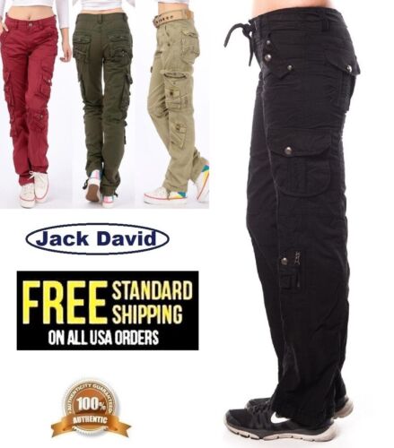 Womens Cargo Mid Waist Pockets Long Straight Legs Pants Casual Outdoor Trousers