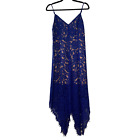 Lulus Dress Womens Medium Blue Lace Midi Party Handkerchief Royal Sheer Strappy
