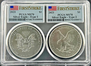 2021 $1 Type 1 and Type 2 Silver Eagle Set PCGS MS70 First Strike Flag Label
