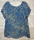Cabi Blue Floral Short Sleeve Blouse  Back Button Trim Size Small