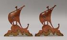 Pair Antique Arts & Crafts Mixed Metal Copper Brass Silver Viking Ship Bookends