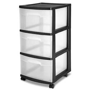 Sterilite 3 Drawer Plastic Cart, Black with Clear Drawers, Adult，Storage，NEW