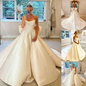 Satin Wedding Dress Spaghetti Straps with Big Bow A Line White Ivory Bridal Gown