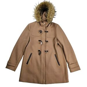 Cole Haan Wool Duffle Coat Womens 10 Brown Full Zip Fur Hood Toggles Trench
