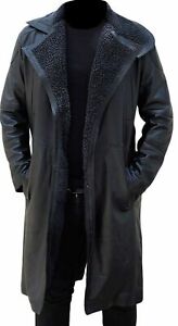 Mens Long Trench Coat Winter Black Leather With Shearling Jacket Men New Stylish