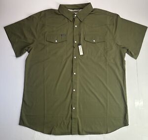 Poncho Shirt Pearl Snap Olive Green Vented Mens Large Slim Fit Short Sleeve