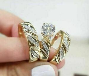 14K Yellow Gold Over His &Her Diamond Lab Created Trio Set Bridal Wedding Ring
