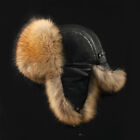Mens Real Fox Fur Hat Russian Aviator Hat Warm Real Sheep Leather Trapper Cap