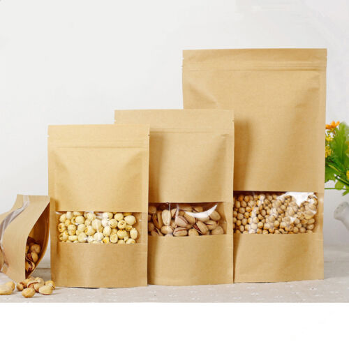 Resealable Stand Up for Zip Kraft Paper Food Lock Packaging Bag with Window Pack