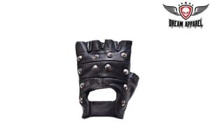 Classic Black Fingerless Leather Studded Motorcycle Biker Riding Gloves