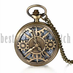 Steampunk Bronze Skeleton Gear Case Pocket Watch Pendant Necklace Chain Retro
