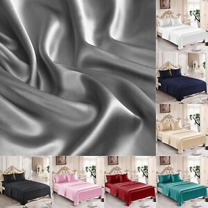 4PC Bed Sheet Set Luxury Satin Silk Sheet Set Ultra Soft Wrinkle Free Collection