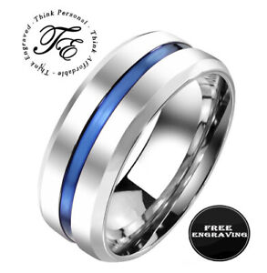 Personalized Men's Thin Blue Line Wedding Ring - Engraved Handwriting Ring