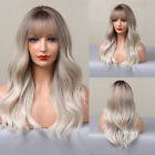 US Long Wavy Hair Wigs Ombré Ash Blonde Sliver Natural Wig with Bangs For Women