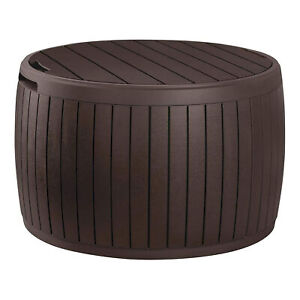 Keter Circa 37gal Round Patio Box Stylish Storage Table and Seating, Brown Resin