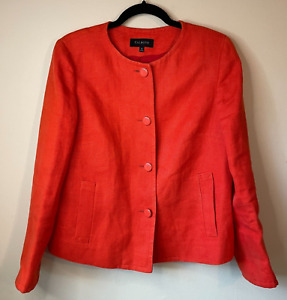 Talbots Womens 100% Linen Collarless Blazer Jacket Sz 10 Tangerine Front Pockets
