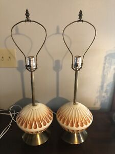 Pair Vintage  Mid Century Modern Orange & White Striped Ceramic Table Lamp