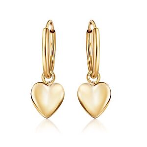 Solid 14K Gold Large Puff Heart Dangling On 14K Gold Endless Hoop Earring-1x10MM