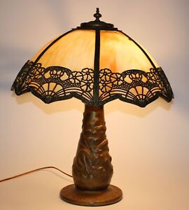 ANTIQUE HIGH RELIEF DRAGON LAMP BASE W/SLAG PANEL GLASS SHADE (2 missing panels)