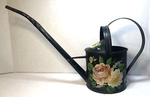 VINTAGE Toleware Watering Can Long Spout Metal Black Floral Hand Painted Tole