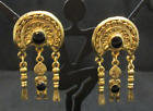 1928 Brand Egyptian Revival? Dangle Pierced Earrings Black Cabochon Gold Tone