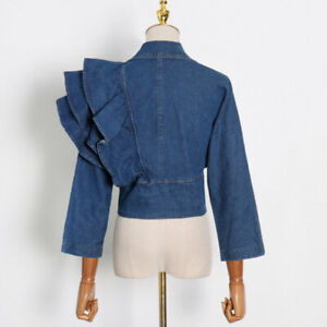 Womens Denim Jacket Coat Ruffle Asymmetric V Neck Jean Tops Short