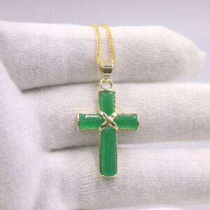 Beautiful Gold Plate Alloy with Green Jade Cross Pendant 1.38