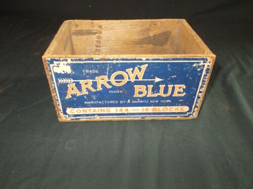 Antique Primitive ARROW BLUE Advertising Wood Box w/ Dove Tail Corners
