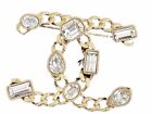 CHANEL Baguette Crystal CC Logo Brooch Pin Gold Gem Stones Clip Gold Chain Link
