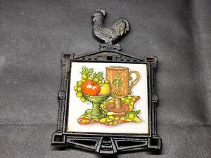 Vintage Rooster Cast Iron Tile Trivet - Food, Folk Art, Rustic, Wall Hanging