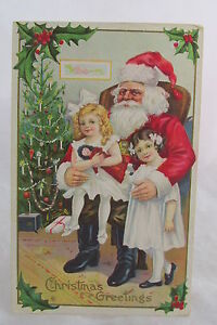 New ListingAntique Christmas Postcard Santa Claus Sitting w/Two Little Girls Decorated Tree