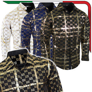 Designer Shirt Mens Luxury Shiny Gold Italian Stripe Logo Slim Stretch Button Up