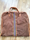 VINTAGE BROWN WITH GREEN RED WEBBING LARGE GARMENT SUIT BAG WITH LEATHER TRIM