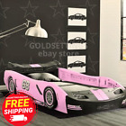 Girls Pink Race Car Bed Frame Twin Size Platform Plastic Kids Bedroom Furniture
