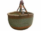 Large African Bolga Market Gathering Basket Woven Leather Handle - NEW