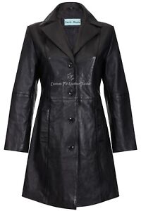 Ladies Leather Trench Coat Jacket Black Classic Knee-Length Designer Coat 3457