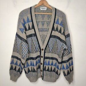 Vintage Mondo Italy Cardigan Sweater Mena Large Geometric V-Neck Button Up