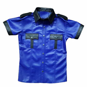 Men's Real Leather Police Uniform Shirt Sexy Short Sleeves Blue & Black Shirt